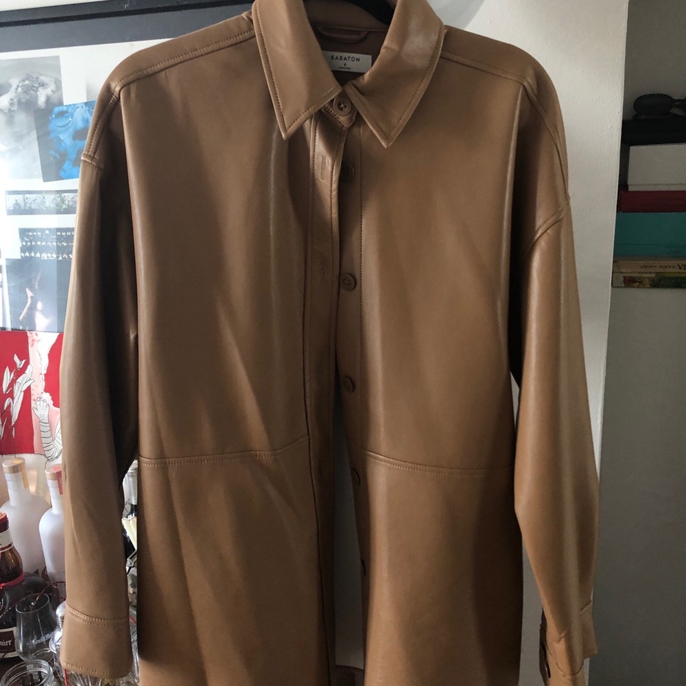 Babaton Aritzia Brown Faux Leather Button Down Top